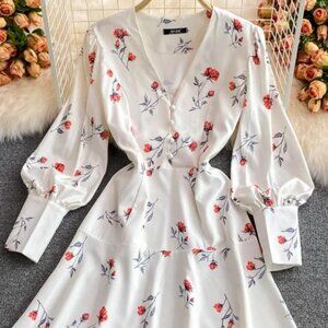 Kaimilan White Satin Floral Skater Dress Long Sleeve Sz Large